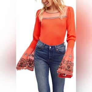 FREE PEOPLE High Tides Long Sleeve‎ Embroidered Top In Orange Women’s Small